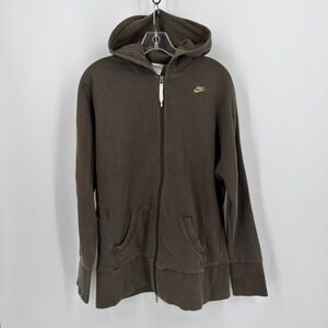 Nike Hoodie Full Zip Sweatshirt Y2K Women Size Large Brown Embroidered Logo Top